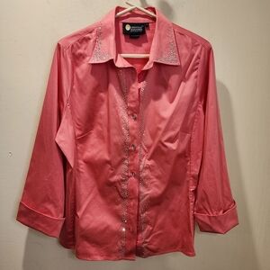 CHRISTINE ALEXANDER Elegant Coral  Cotton  Shirt with Rhinestone Accents Size XL
